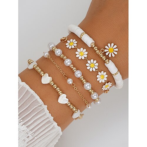 „Boho-Gänseblümchen-Perlenarmband-Set für Damen – Goldkette und mehrlagige Perlenarmbänder, süßer Blumenschmuck für Sommer, Strand, Festivals und Freizeitkleidung" Image