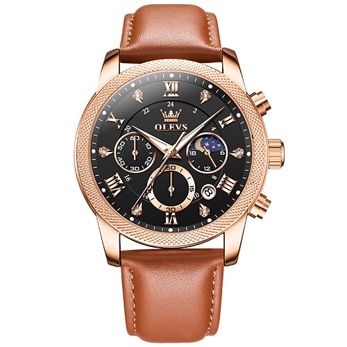 Olevs 3660 Herrenuhr Multifunktions-Quarzuhr in Schwarz für Herren, wasserdicht, Chronograph, Mondphase, originale Herren-Armbanduhren