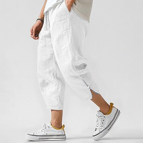 Herren Leinenhosen Hose Sommerhose Strandhose Reißverschluss Kordelzug Elastischer Bund Einfach Komfort Atmungsaktiv Knöchellang Lässig Täglich Ferien Mode Klassicher Stil Schwarz Weiß Image