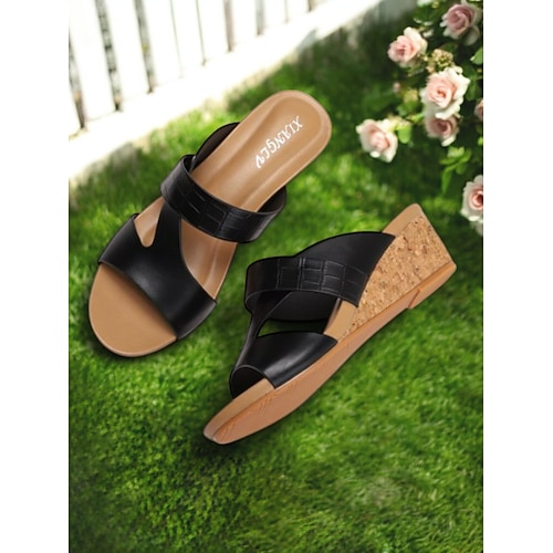 braune Damen-Keilsandalen aus Kork – offene Slip-On-Sommer-Sandalen mit Riemen mit Krokodilprägung Image
