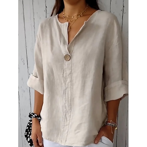 Damen Baumwolle Leinen Mini Kleid Hemd Kleid Basic Lässig Urlaub Täglich Reguläre Passform Einfarbig 3/4 Länge Ärmeln V-Ausschnitt Schwarz Weiß Rot Grün Sommer Image