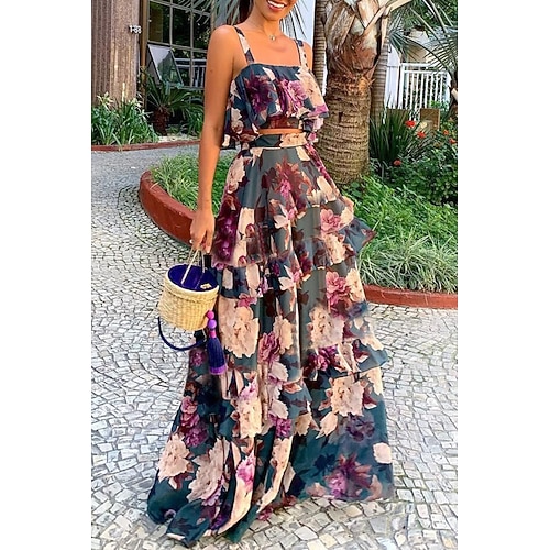 Damen Langes Kleid Maxikleid Zweiteiliges Kleid Schößchen Kleider Mode Ferien Teegesellschaft Ausgehen Normale Passform Blume Ärmellos Spaghettiträger Rote Marineblau Grün Sommer Image