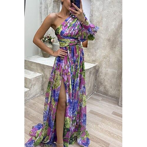 Damen kleid lang Ballkleid abendkleider Kleid drucken Elegant Modisch Party Besondere Anlässe Regular Fit Blume Langarm Ein-Schulter Gelb Purpur Grün Sommer
