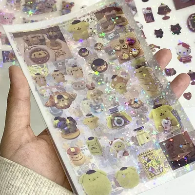 12pcs Sanrios Star Laser Kawaii Stickers Y2k Anime Cartoon Transparent Flash Hand Account Skateboard Laptop Diy Decor Cartoon