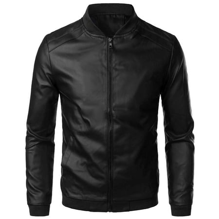 JIKNTTR Mens Leather Jacket Autumn Winter Solid Color Leather Jacket Warm Coat Jacket Stand Collar Long Sleeve Fashion Coat Motorcycle Retro Jacket Coats