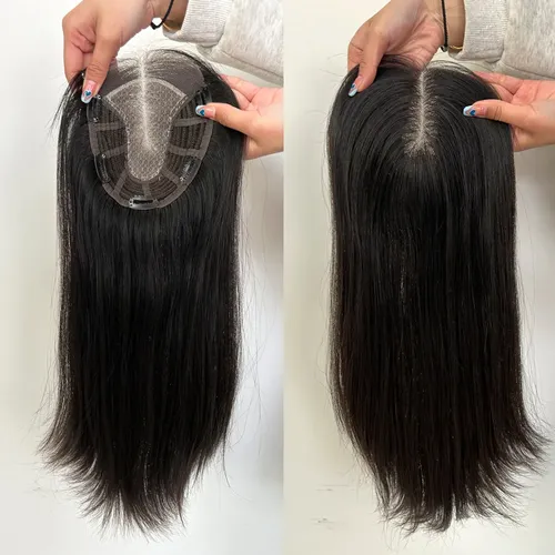 Topper de cheveux humains vierges européens pour femmes, base avant en dentelle, nœuds simples noués à la main, même épaisseur