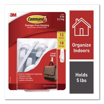 Command General Purpose Hooks, Large, Plastic, White, 5 lb Capacity, 12 Hooks and 18 Strips/Pack (MMM17003CLUB)