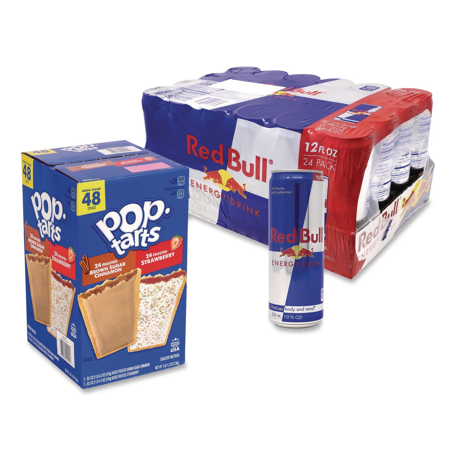 Snack Box Pros Red Bull Energy Drink and Pop Tart Combo Pack,(24) 12oz Cans,(24) Frosted Strawberry/(24) Frosted Brown Sugar Cinnamon/Bundle (GRR60004