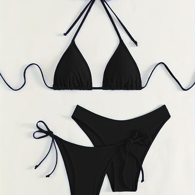 TEMU Plain Black Color Halter Tie Strap Backless 3 Piece Set Bikini Swimsuits, Women's Swimwear & Clothing