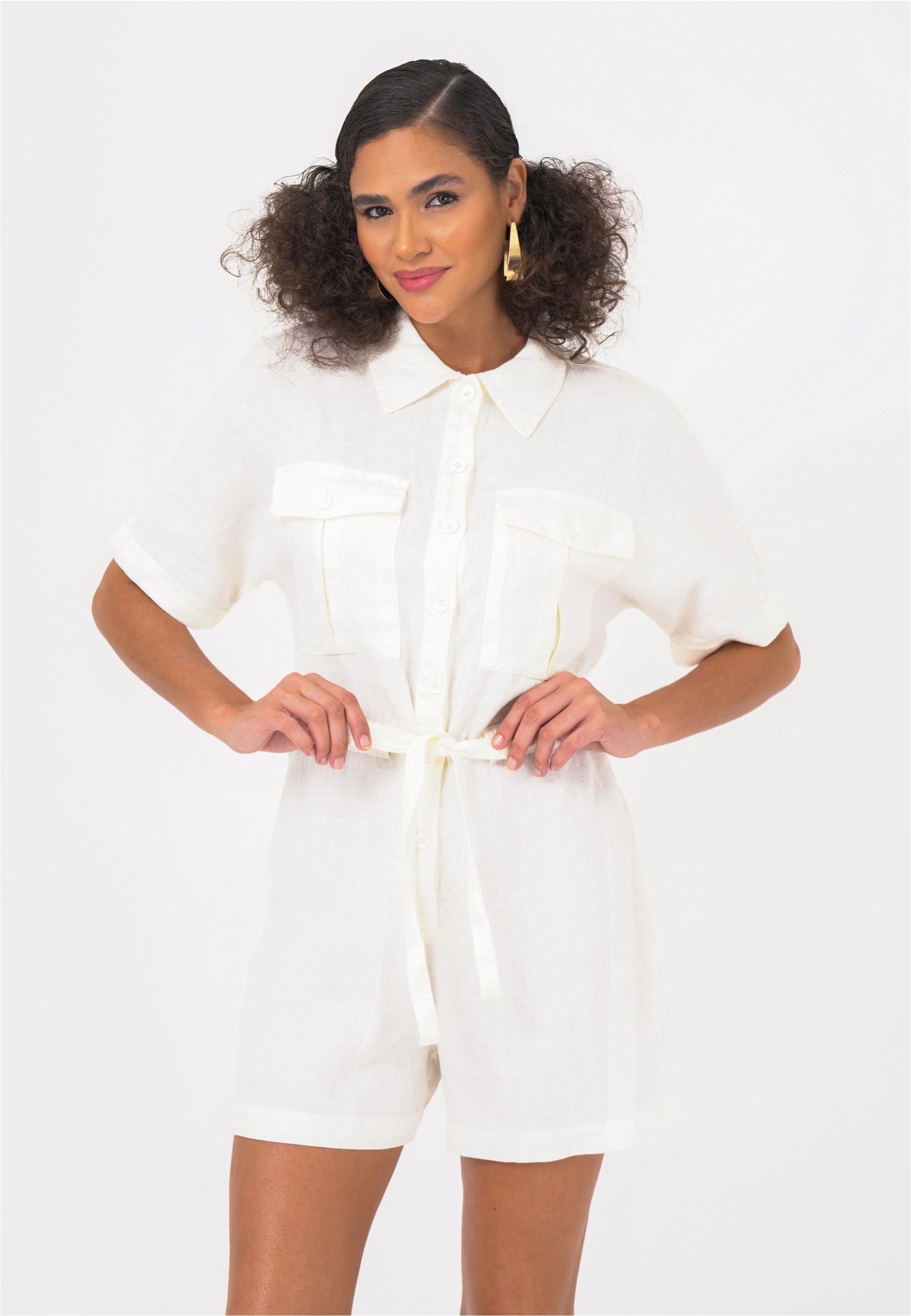 Jumpsuit FRESHLIONS "Livia", Damen, Gr. S, EURO-Größen, weiß, 100% Leinen, kurz, ohne Ausschnitt, Overalls Jumpsuit, mit atmungsaktiver Eigenschaft