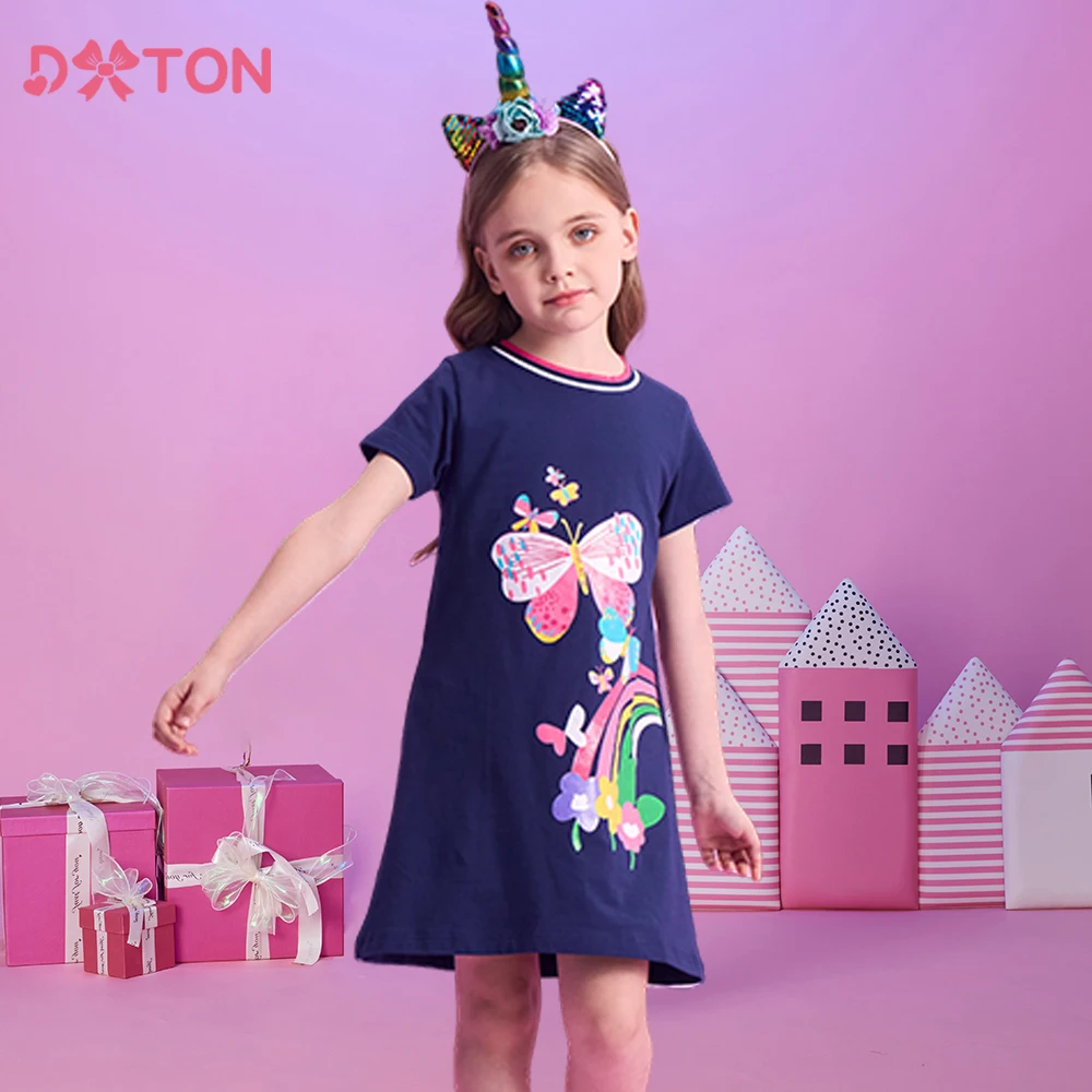 DXTON Kurzarm Kinder Kleid Für Mädchen Schmetterling Sommer Mädchen Casual Kleider Floral Regenbogen Baumwolle Kinder Urlaub Kleidung Image