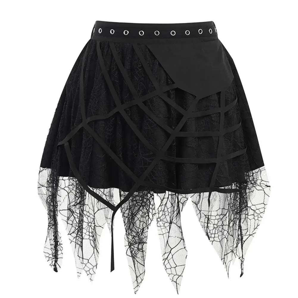 Frauen Rock Halloween Spider-Web Dekor Quaste Mini Rock Elastische Taille Big Hem Gothic Metall Löcher Sommer Rock Party kleidungsstück Image