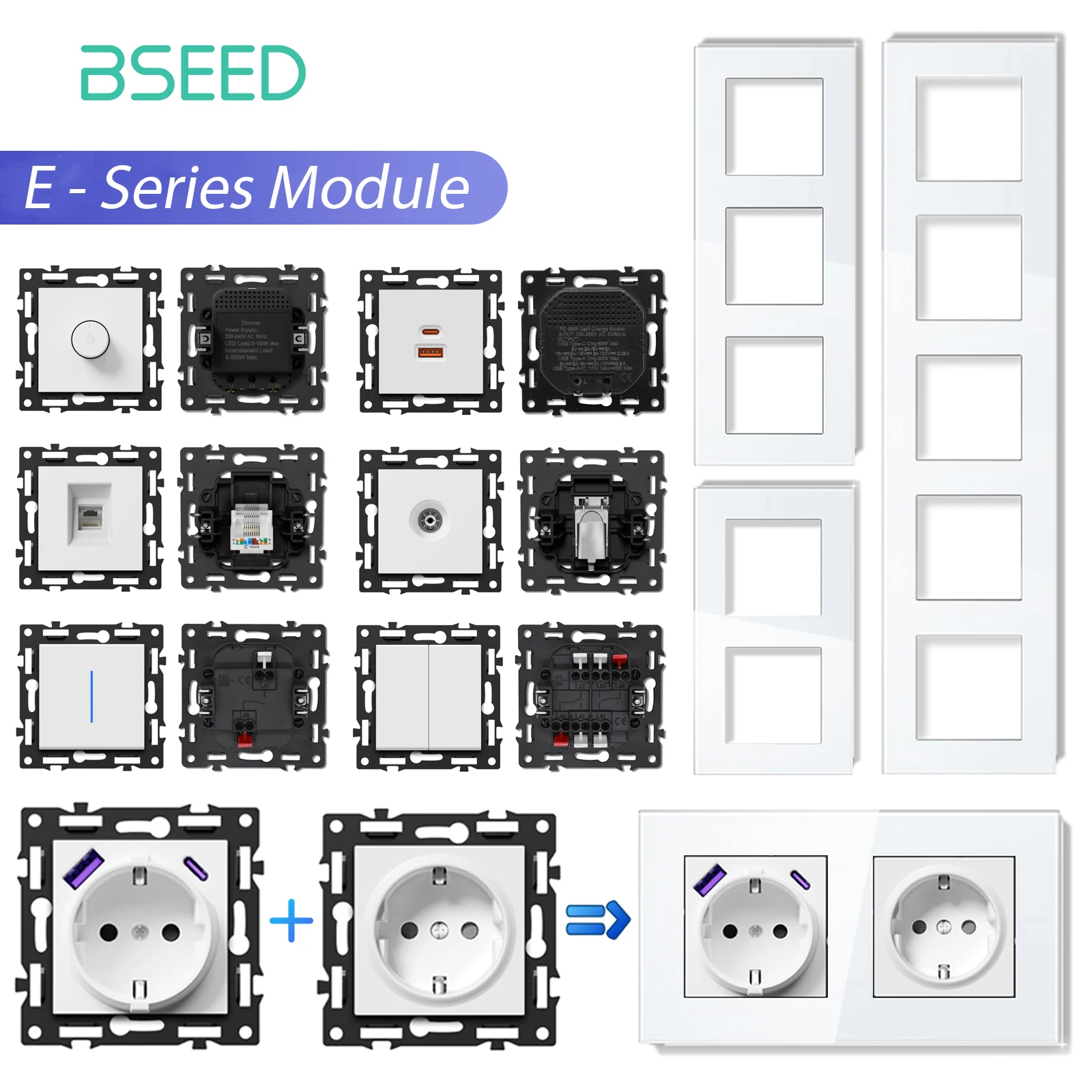 BSEED Mechanische Tastenschaltermodule, Lichtschalterteile, weißer Glasrahmen, DIY-Kombination, Steckdosen, USB-Ladeschlüssel, E-Serie Image