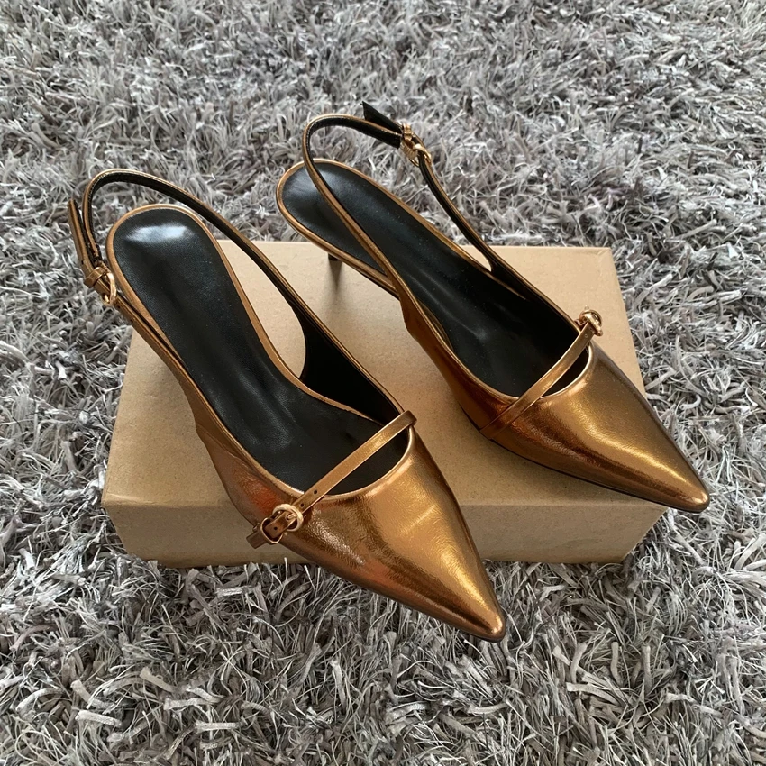 Spitze Zehen Schnalle Damen Sandalen Gold Flach Mode Sexy Party Pumps 2025, Sommer Schuhe Mit Hohen Absätzen Frau Image