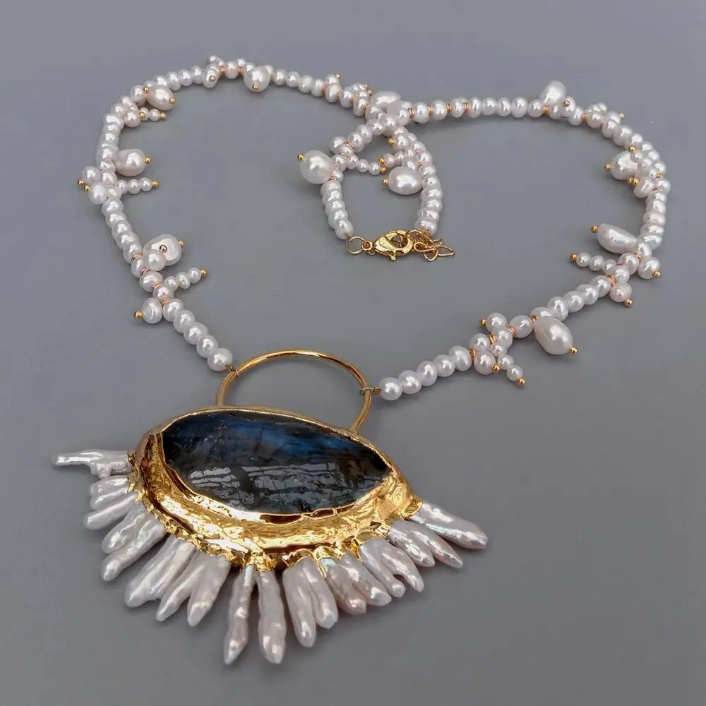 YYGEM Collana di perle d'acqua dolce naturali multiforma Vero labradorite blu keshi Ciondolo di perle 22 '' Stile carino per le donne