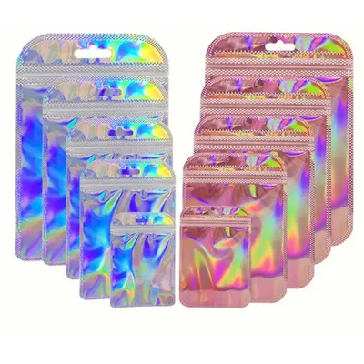 Premium 50pcs Iridescent Ziplock Bag Transparent Laser Thicken Plastic Seal Bags