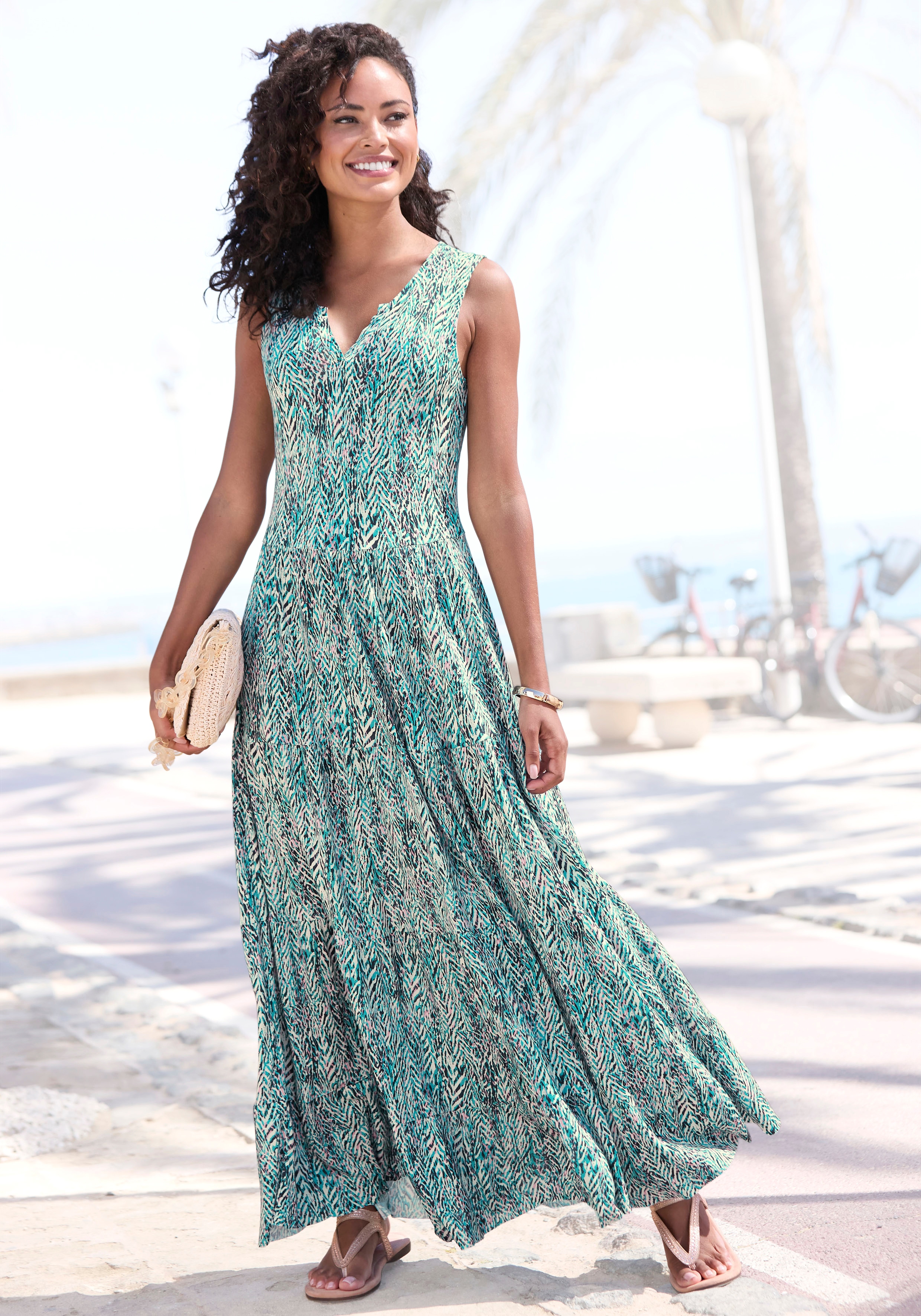 Maxikleid VIVANCE, Damen, Gr. 36, N-Gr, bunt (türkis, rosé, creme bedruckt), Jersey, Obermaterial: 100% Viskose, bedruckt, figurumspielend knöchellang, V-Ausschnitt, Kleider Maxikleid, mit Alloverdruck, langes Sommerkleid aus Jersey, casual