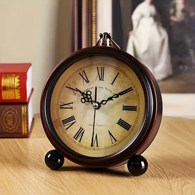 TEMU Vintage European Silent Quartz Alarm Clock With Hd Crystal - Metal, No Ticking Sound, Large Display For Heavy Sleepers & Students, Bedroom And Living Room Decor, Alarm Clocks For Bedrooms