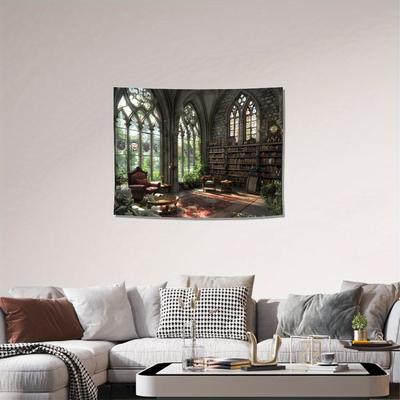 TEMU 1pc Retro And Medieval Castle Library Background Cloth, Living Room Bedroom Office Home Decoration Room Decoration Party Decoration, Includes Installation Package Image
