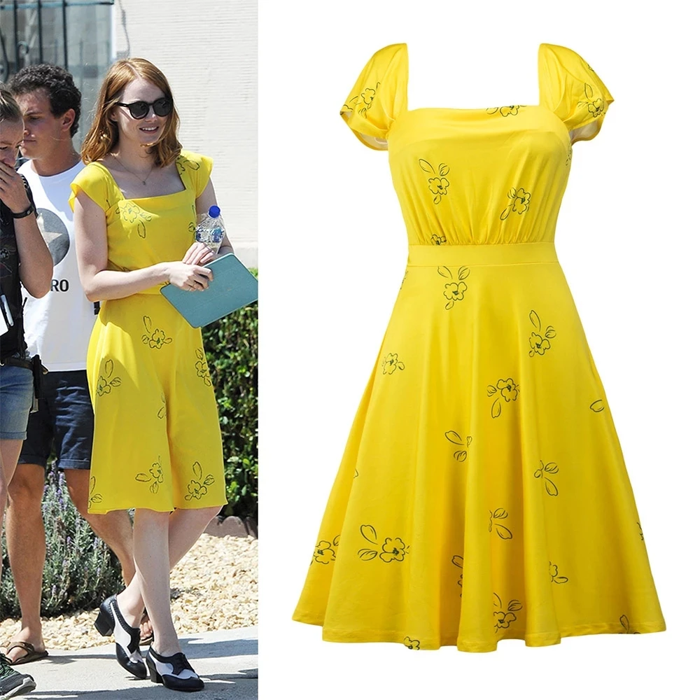 Neue La La Land Kleid Mia Emma Cosplay Kostüm Stein Sommer Gelb Floral Skater Kleid Vestidos für Erwachsene Kostenloser Lieferung