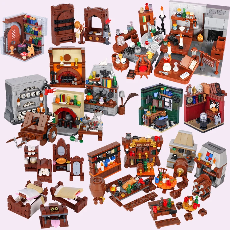 MOC Mittelalterliche Szene Möbel Hexe Alchemie Labor Taverne Bausteine Halloween Skelett Bücherregal Zimmer Ziegel Spielzeug Geschenke Image
