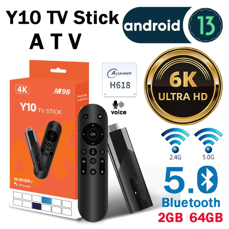 Y10 atv mini tv stick android 13 all winner h618 quad core 6k hdr10 3d 2,4g & 5,8g wifi bt 5,0 usb 2,0 sprach fernbedienung smart tv box Image