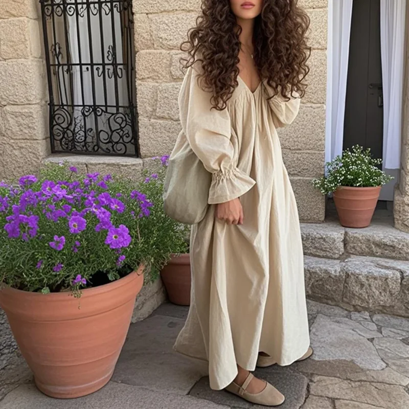 Vintage Baumwolle Leinen Mori Kleid Roben Puffärmel Rundhals Lose Khaki Braun Kleid Ätherisches Rustikales skurrile Mori Kleider Mädchen