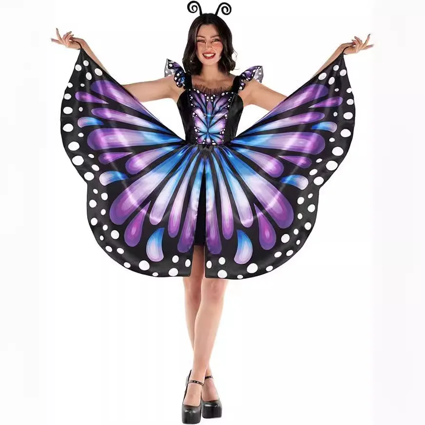 Halloween Cosplay Spinning Schmetterling Kleid Erwachsene Frauen Elegante Süße Temperament Kleider und Kopfschmuck Set Performance Outfit Image
