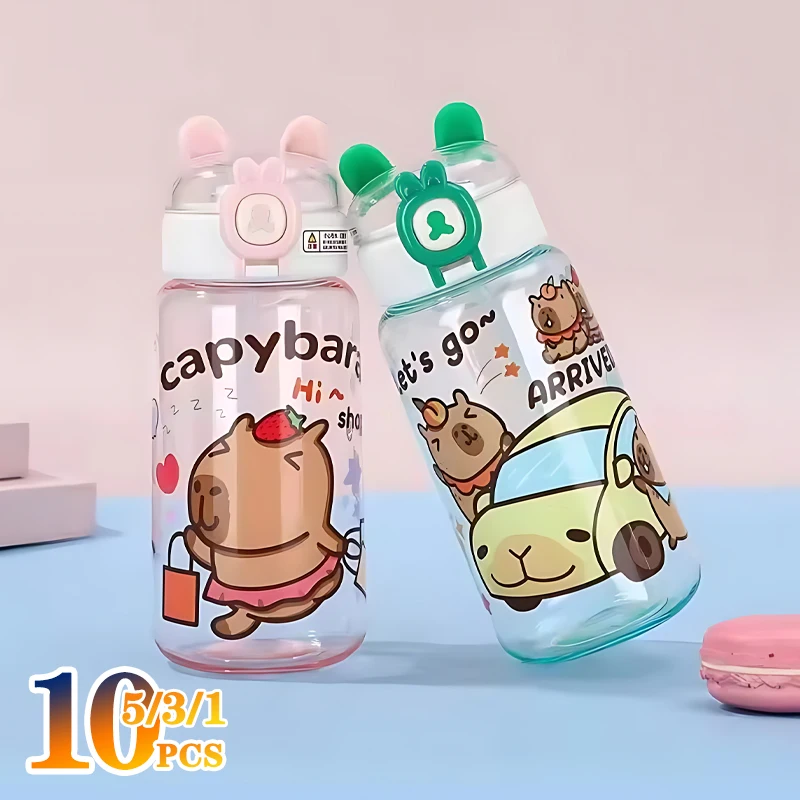 1-10PCS Capybara Cartoon 500ml Tragbare Große-kapazität Wasser Flasche Sport Stroh Tassen Student Kunststoff Wasser tassen Wasser Flasche Image