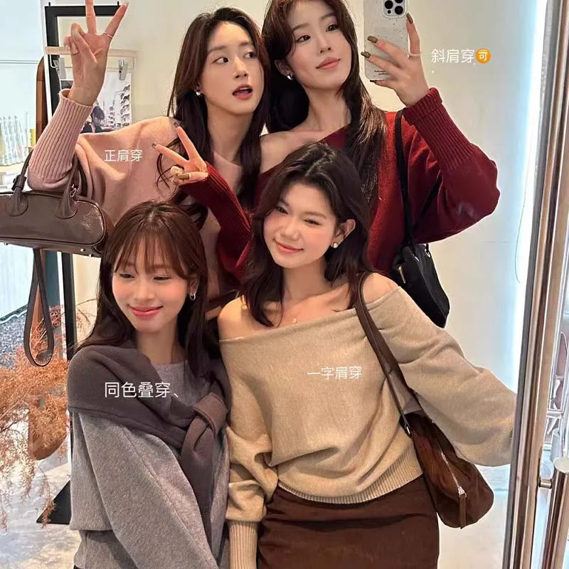 Frauen Kleidung Elegante Mode Slash Neck Laterne Hülse Pullover Herbst Winter Sexy Alle-spiel Solide Stricken Pullover Dame tops Image