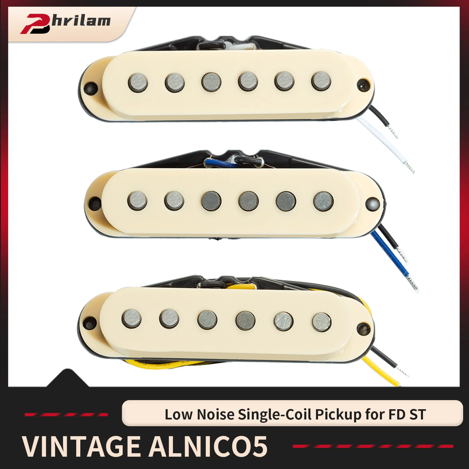 PHRILAM 3 Stück Pro Flat Pole Alnico5 Single Coil Hals/50 mm Mitte/50 mm Brücke/52 mm Tonabnehmer-Set für E-Gitarre im St-Stil Image