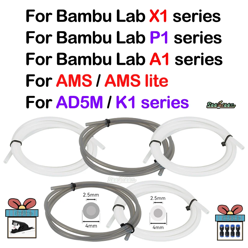 For Bambu Lab Ptfe Tube 2 5mm 4mm P1S P1P AMS A1 Mini 3D Printer Teflonto Pipe X1C Bambulab Ptfe Tube 5m/10m White Grey AMS LITE Image