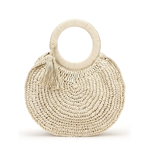 borsa tote rotonda in paglia intrecciata fatta a mano da donna, grande capacità - borsa tote da spiaggia bohémien con nappe, portafoglio in rattan per le vacanze estive, per viaggi, shopping e vacanze marrone beige