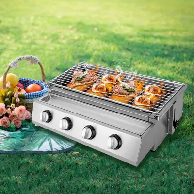 Edelstahl-Gasgrill, 4 Brenner, LPG-Gasgrill, Röster, tragbarer BBQ-Grill, abnehmbar, für den Garten im Freien, 58 x 40 x 20 cm