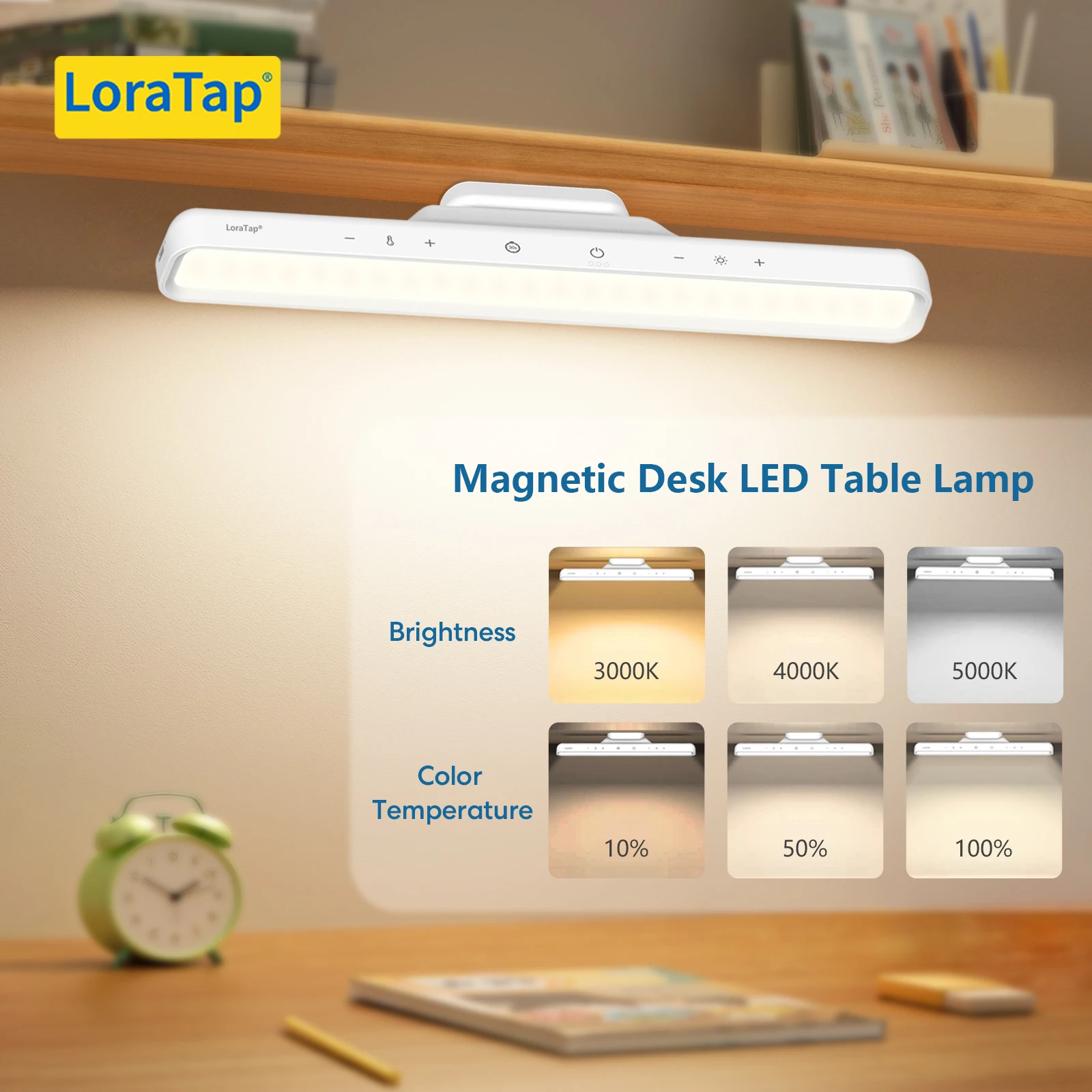 LoraTap magnetische Tischlampe zum Lernen, Camping, Nachttisch, Schränke, stufenlos variable Farbtemperatur und Helligkeit