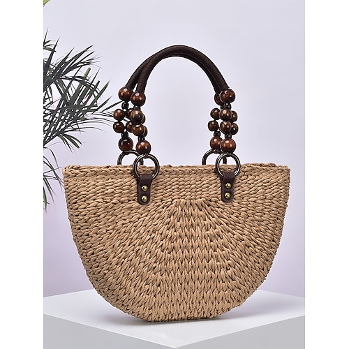 borsa tote in paglia intrecciata fatta a mano da donna – borsa da spiaggia estiva boho con manici in perline di legno, borsa a tracolla casual di grande capacità per vacanze, shopping e viaggi