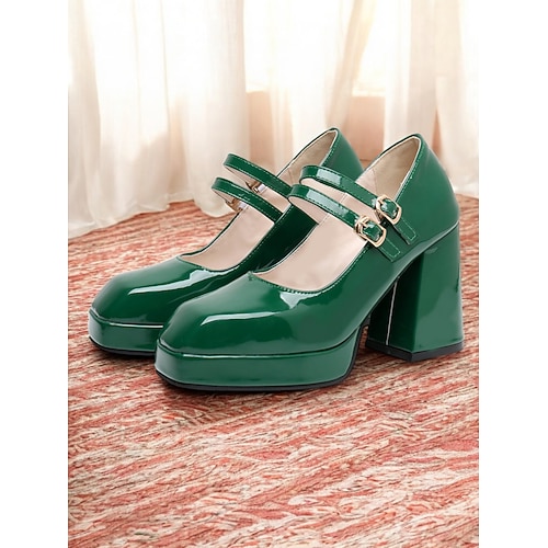 scarpe con tacco mary jane a doppio cinturino retrò anni '80 da donna – scarpe con plateau e tacco a blocco in vernice verde per la moda, le feste e l'abbigliamento casual di ispirazione vintage