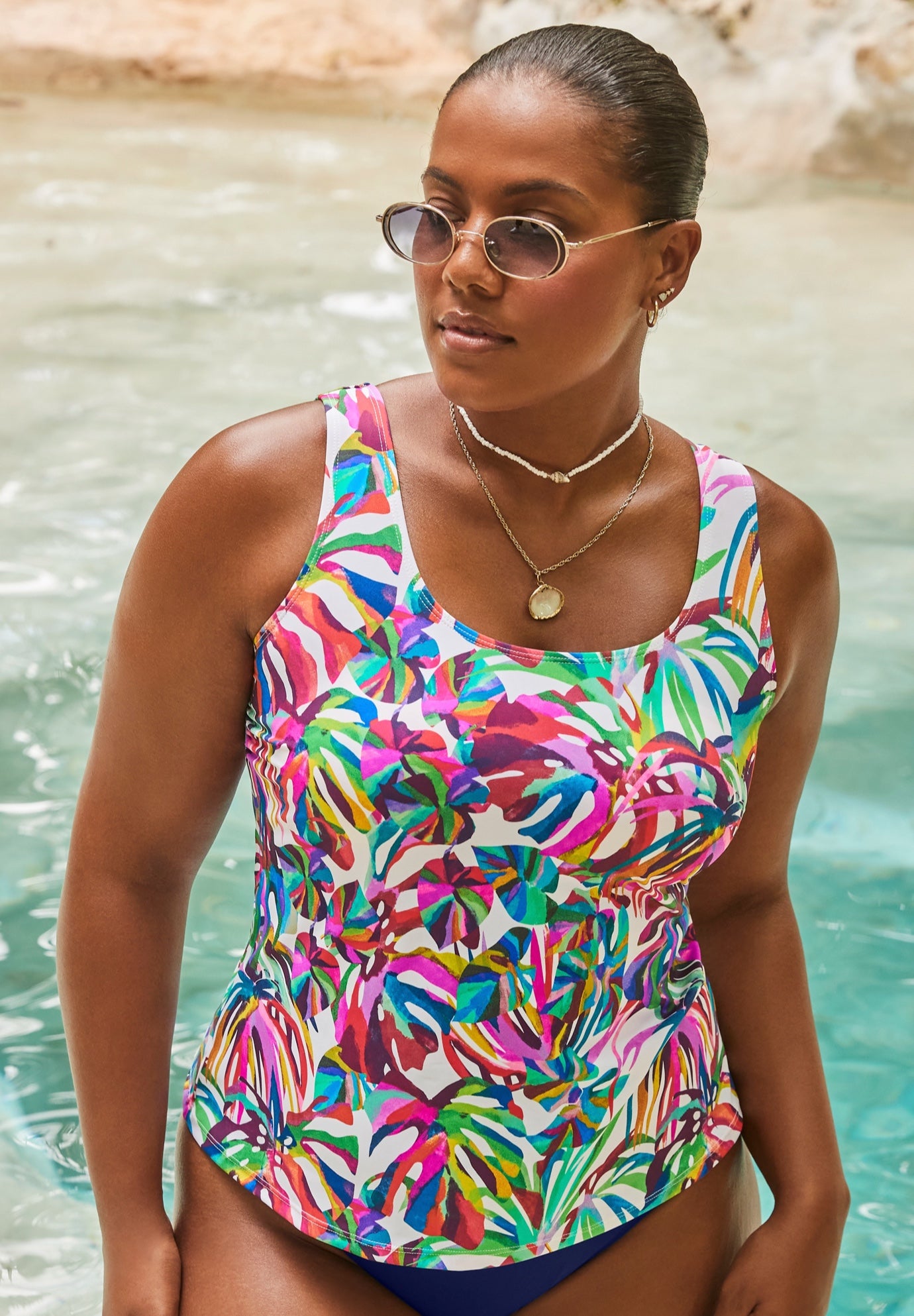 Plus Size Women's Classic Tankini Top by Swimsuits For All in Rainbow Palms (Size 32)