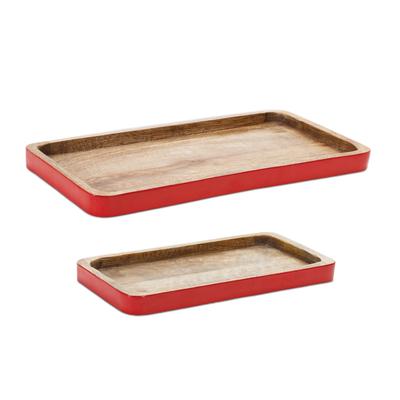 Red Trimmed Wooden Tray (Set of 2) by Melrose in Red/brown