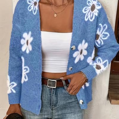 TEMU Chic Floral Pattern Light Blue Knit Cardigan - Casual V-neck Button-up Sweater With Long Sleeves, Fall/