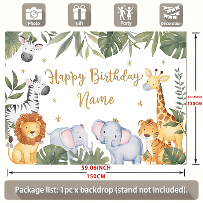 TEMU Customizable Birthday Party Backdrop, Polyester Fabric, No Electricity Needed, With Personalized Name, For Boys, Animal Themed Celebration Decor, 180cm X 230cm Image