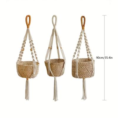 TEMU Set Of 3 Macrame Plant Hangers In Bohemian Style, Featuring Simple Handmade Woven Tassels For Storing And Flower Pots - Does Not Plant Pots.