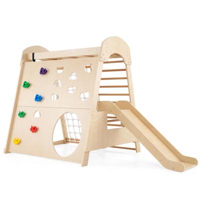 Costway 8-in-1 Indoor Jungle Gym Wooden Playground with Swing and Climbing Wall-Natural