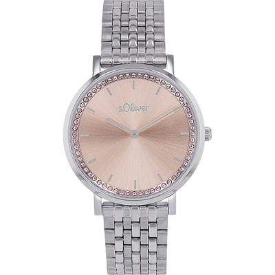Quarzuhr S.OLIVER, silber (silberfarben, rosa), Armbanduhren, Damen, Armbanduhr, Damenuhr, Edelstahlarmband, analog, Zirkonia (synth.) Image