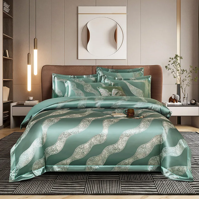 Garn gefärbte Qualität Jacquard Satin Luxus zarte seidige Textur Bettwäsche Set Double Queen (1 Bett bezug 1 Bettlaken 2 Kissen bezüge) Image