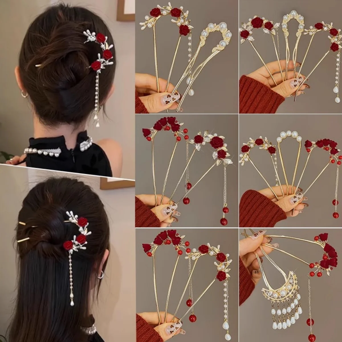 Vintage Chinesischen Stil Rose Haarnadel Für Frauen Rote Blume Element Quaste Haar Stick Elegante Exquisite Handgemachte Haar Zubehör