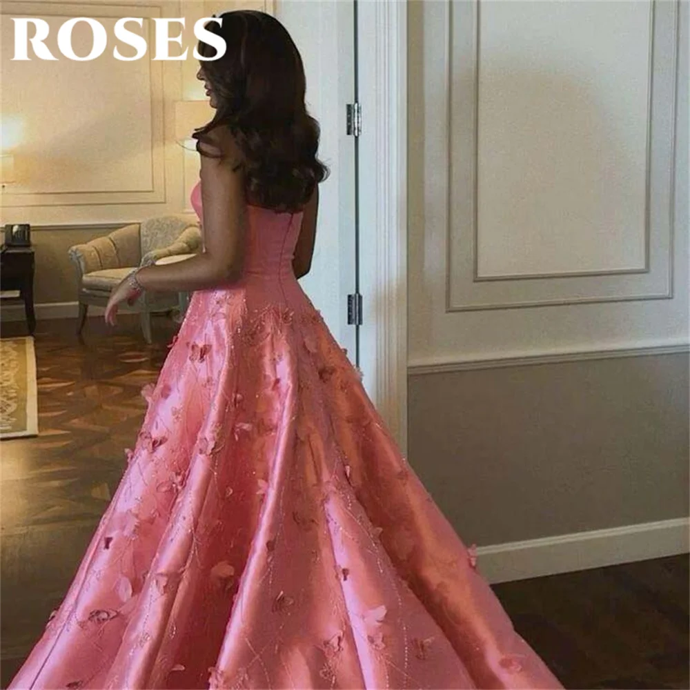 ROSES Hot Pink Elegantes A-Linie-Abschlussballkleid mit Herzausschnitt, 3D-Blumen, formelles Kleid mit Kristall-Partykleid für Damen, Serve), maßgeschneidert