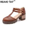 Reave Katze Vintage Frauen Sandalen runde Zehen Block Heels Schnalle T-Träger große Größe 41 42 43 tägliche Damenschuhe
