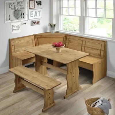 Farmhouse Table and Bench Set, Solid Wood Corner Dining Set 64.8" W x 19.9" D x 33.4" H- for Dining Room