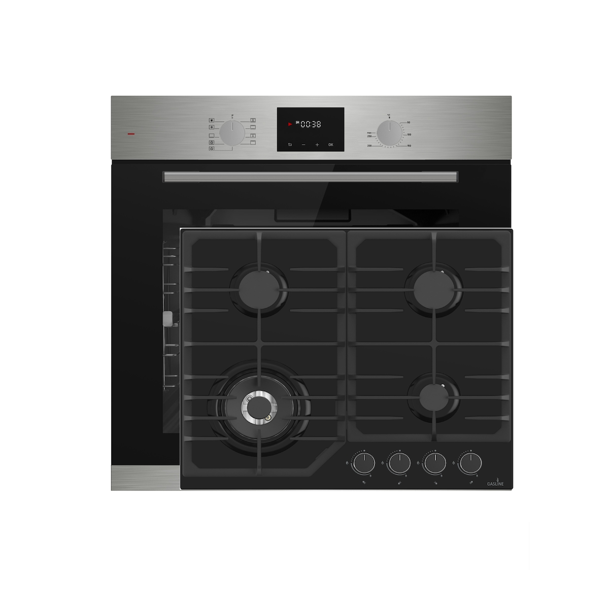 Böhme Einbauherdset mit Elektrobackofen HB60F78PPX + Gaskochfeld 60cm Schwarz Glaskeramik mit 4 Brennern WOK Brenner 3,8 kW Image